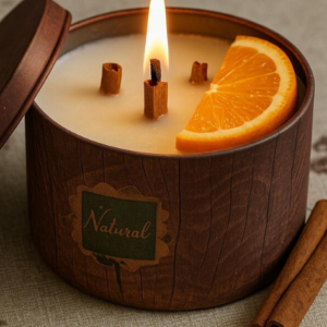 Vela artesanal de cera de soja con mecha de madera y aroma a canela